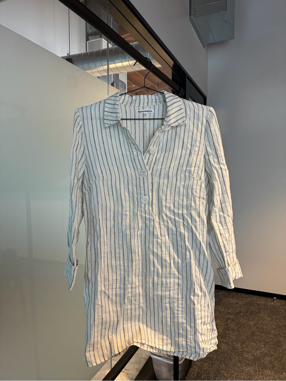 Reformation White and Blue Striped Button-Down Tunic